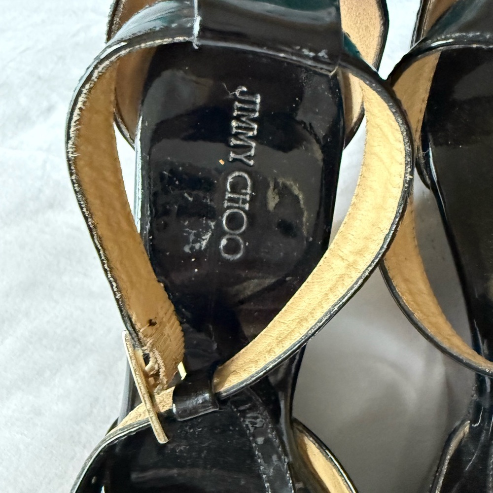 Jimmy Choo Black Wedge Sandals with Patent Leather and Strappy Design - Picture 4 of 4